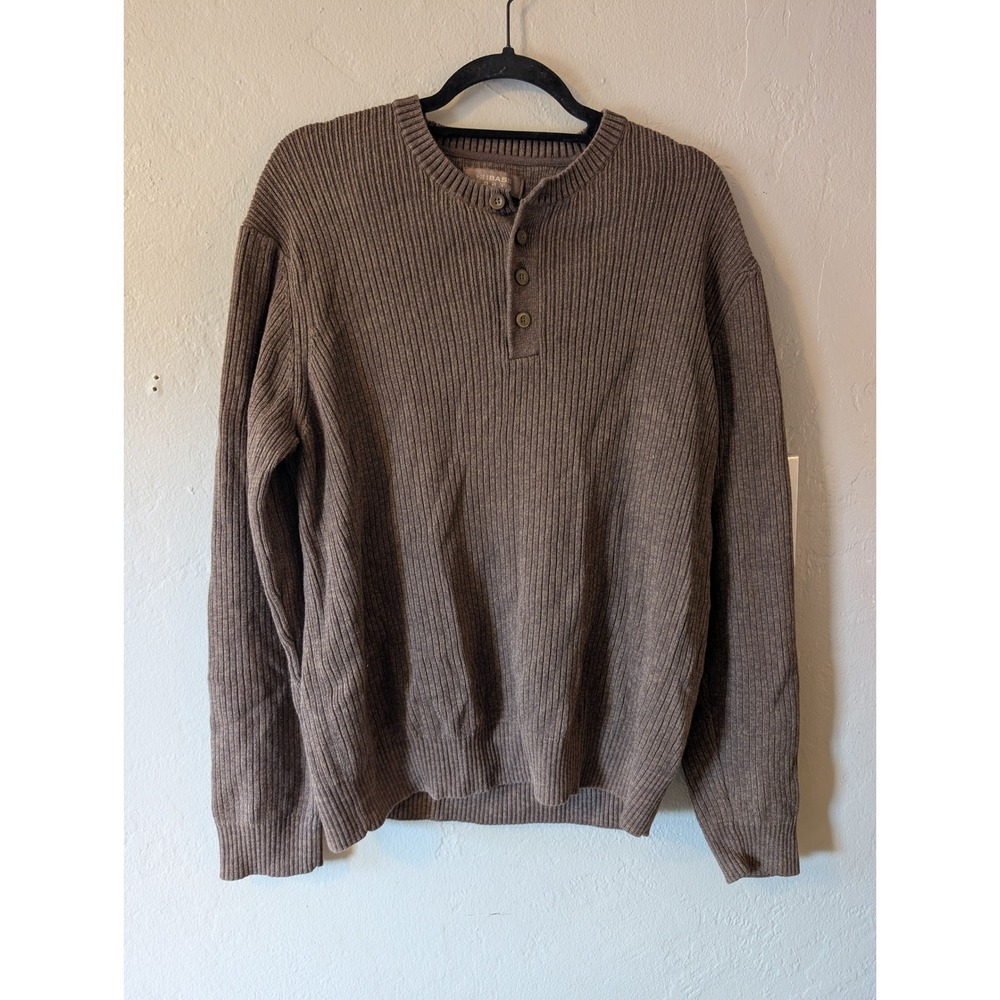 G.H. Bass Earth Men's L Brown Ribbed Cotton Henley Sweater Pullover